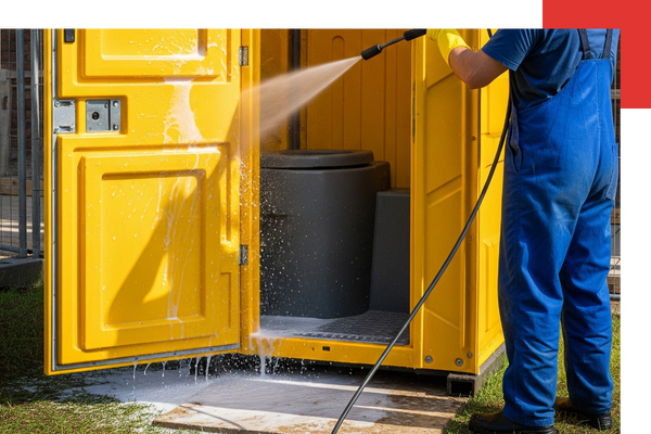 A portable toilet being cleaned.
