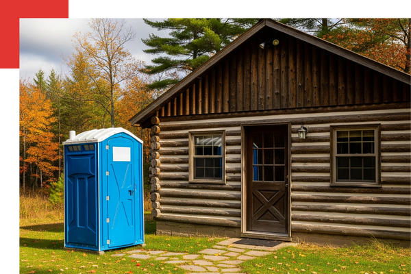 A portable toilet outside a cabin.