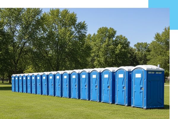 Multiple blue portable restroom units arranged for a large outdoor fair or community event.