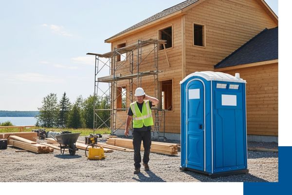 A clean, blue portable restroom unit placed on a gravel driveway at a residential home construction site, with a worker in a safety vest and hardhat in the background.