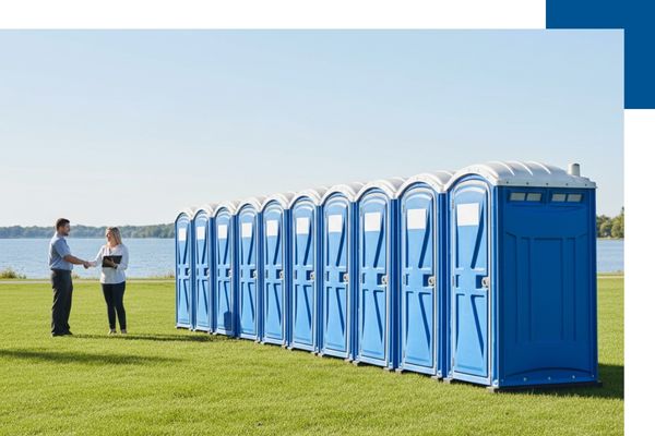 A professional representative from C&W Portables shaking hands with a client in front of a long, orderly row of clean blue porta johns at a lakeside event venue in Big Rapids.