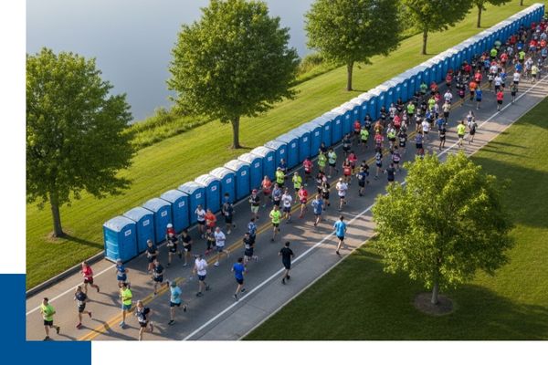 An aerial view of a long line of blue portable restrooms strategically placed along a running path for a large race event