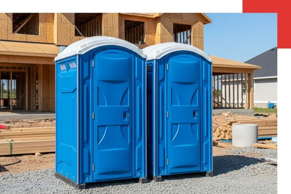 Durable blue portable toilets placed on a gravel construction site for a renovation project.