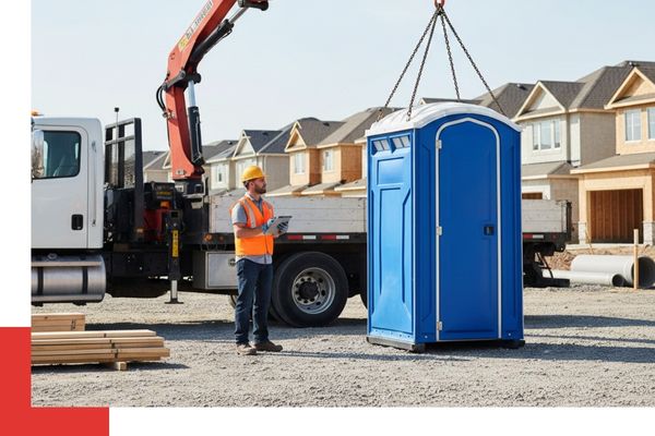 A professional delivery of a royal blue portable toilet being placed at a job site by a service technician.