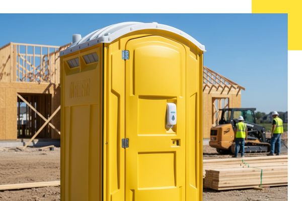 yellow porta potty outside a construction site