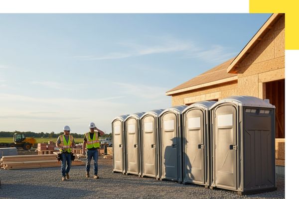 A single, professional grey portable restroom unit positioned on a residential construction site in Alto, featuring a new home build in the background.