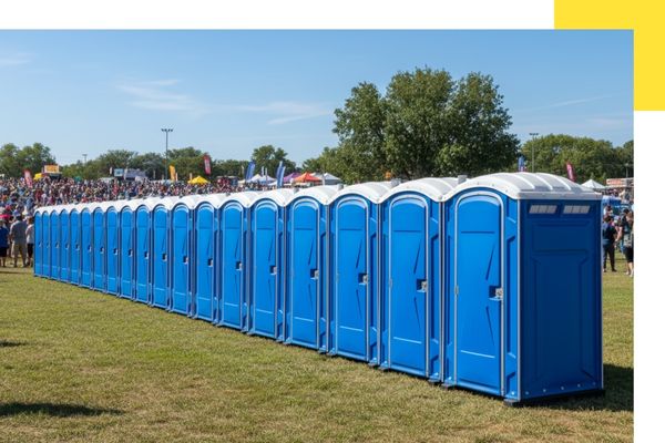 A line of clean, professional blue porta potties set up for an outdoor event