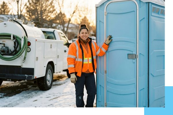 sanitation worker standing next to blue porta jon