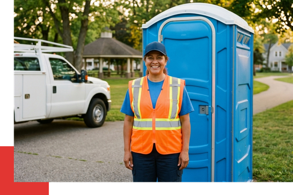 sanitation worker standing next to blue portable restroom