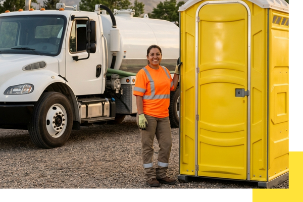 sanitation worker next to portable toilet