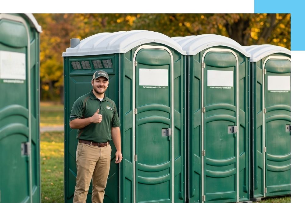 A friendly All Seasons Portable Restrooms service technician gives a thumbs up next to a row of standard green portable toilets on a grassy field in Chase, MI, illustrating a premium, clean porta potty rental experience.