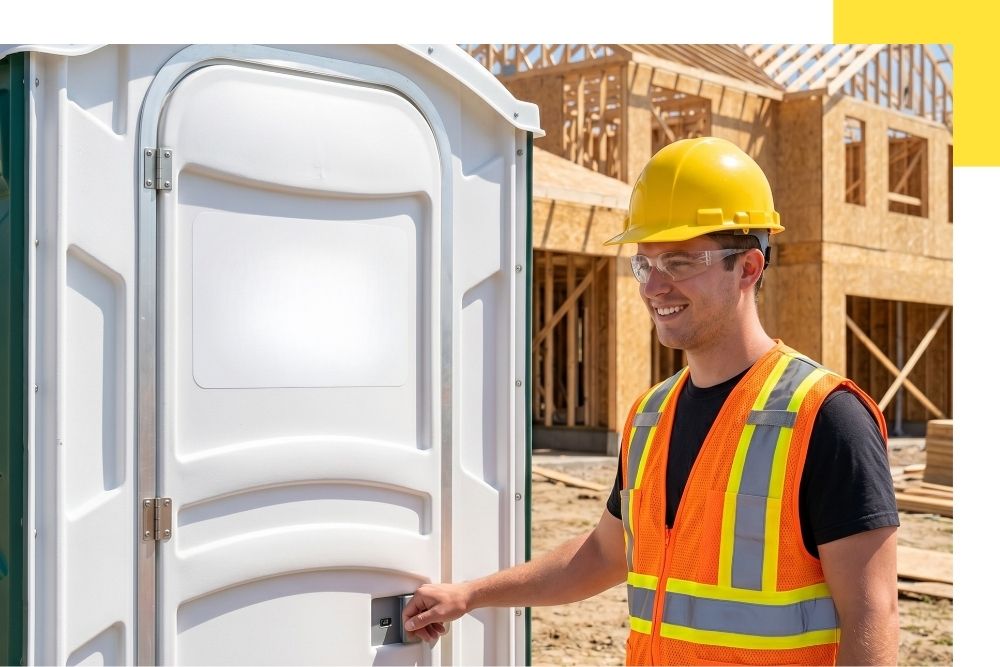 A smiling construction worker wearing safety gear in Bravo, Michigan, inspects a clean, white Jons to Go porta john that has been newly delivered to a residential construction site.