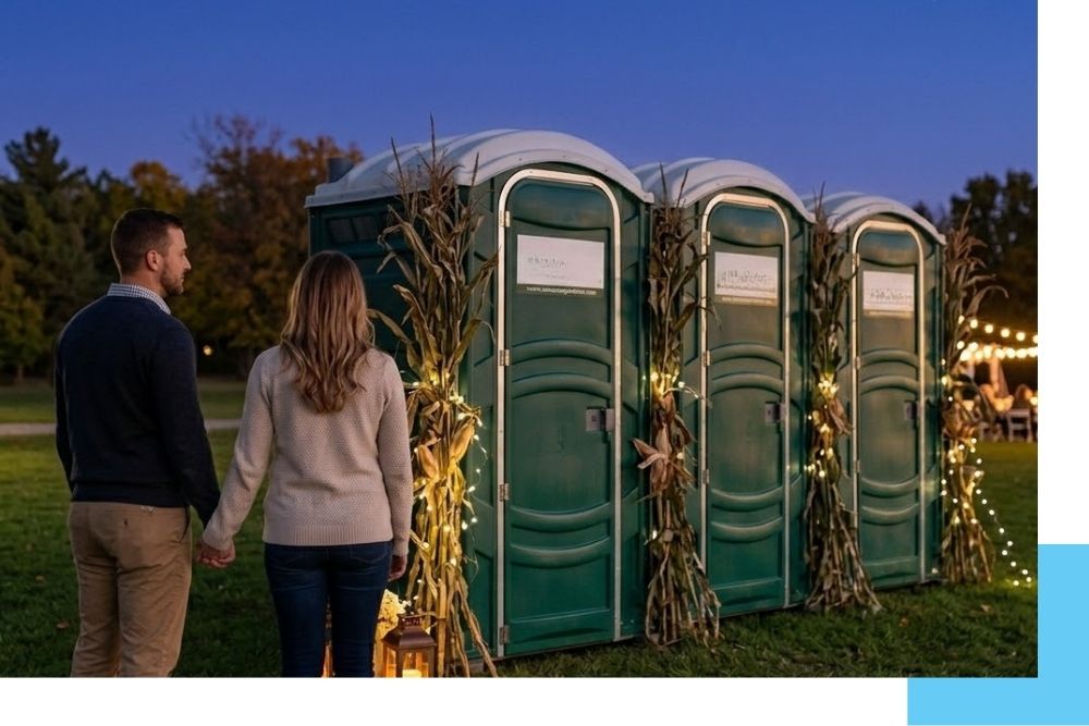At twilight in Chase, MI, discreetly placed All Seasons Portable Restrooms standard green units stand neatly lined behind decorative string lights and autumn cornstalks, providing reliable, clean facilities for an outdoor wedding.