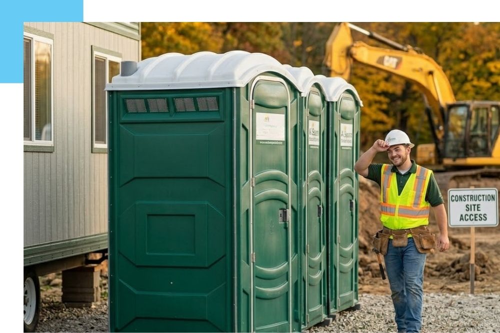 On a gravel surface next to a construction site office in Chase, MI, a construction worker walks towards a lineup of clean, standard green porta john units from All Seasons Portable Restrooms, smiling and appreciative under the warm setting sun.