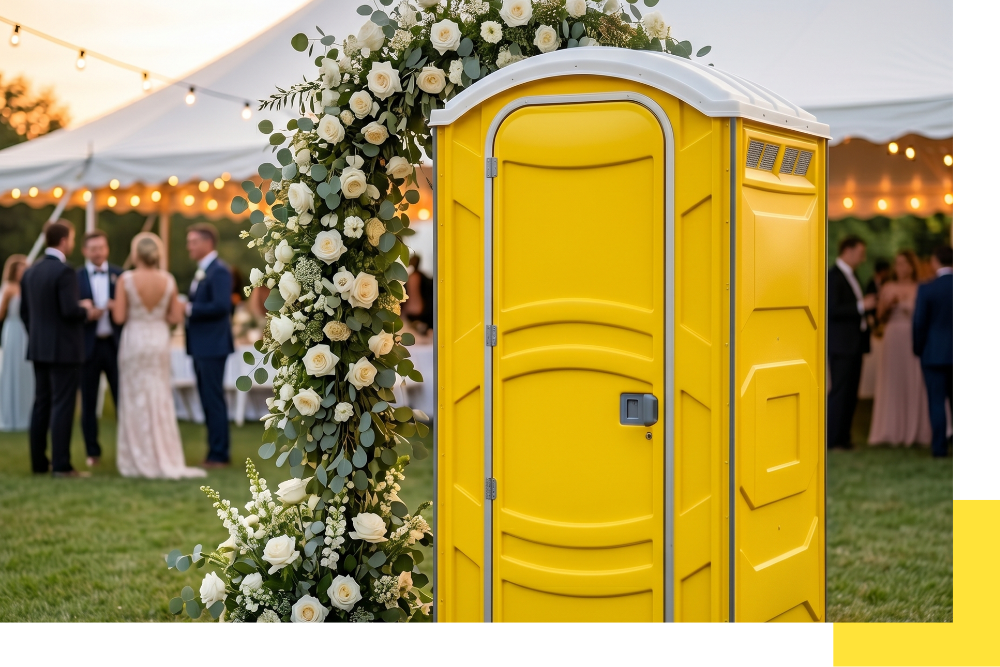 An immaculate, wheelchair-accessible (ADA compliant) portable restroom unit, featuring a ramp and a visible blue accessibility logo on the door. It is placed on a paved walkway within a landscaped courtyard in Bridgeton, Michigan, showcasing hygiene and accessibility.