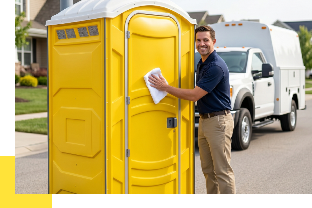 A friendly service technician wearing a clean, generic uniform smiles while securing a freshly serviced and sparkling clean portable restroom. A professional, generic white service truck is visible in the background on a quiet street in Bridgeton, Michigan, highlighting reliability.