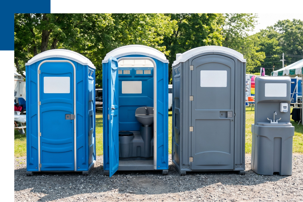 A selection of standard and deluxe high-quality portable restrooms Falmouth available from Caribou Services for various events.