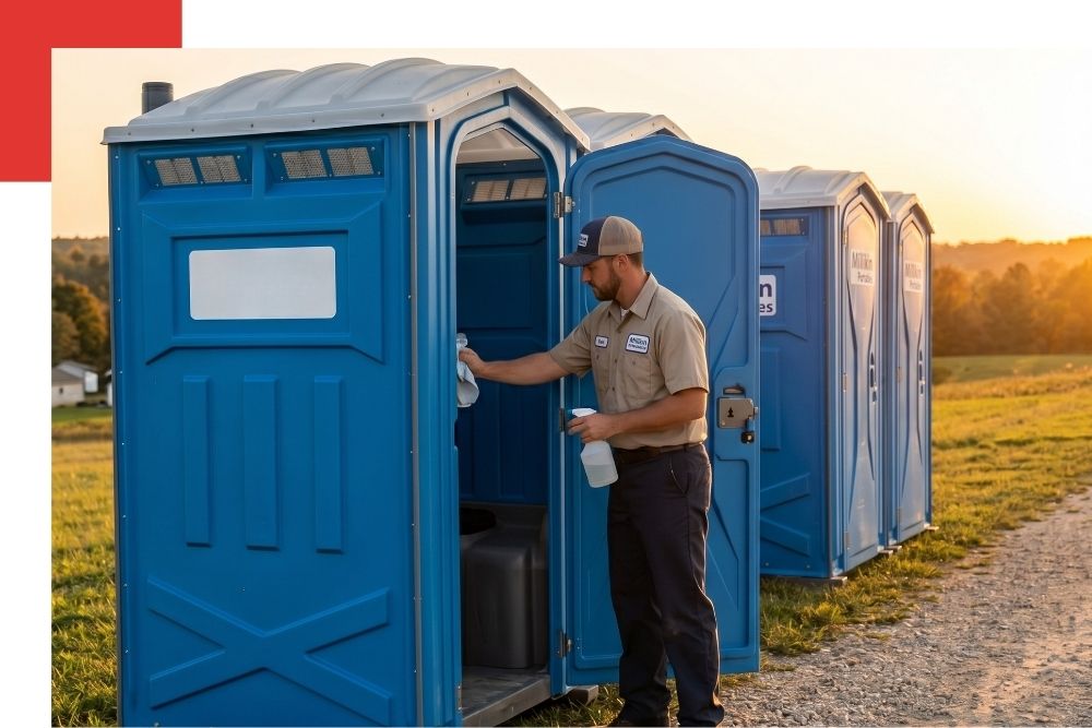 A close-up image during sunset in Johannesburg, Michigan, showing a service technician performing a final cleanliness check on a row of clean Millikin Portables units, emphasizing affordable quality service.