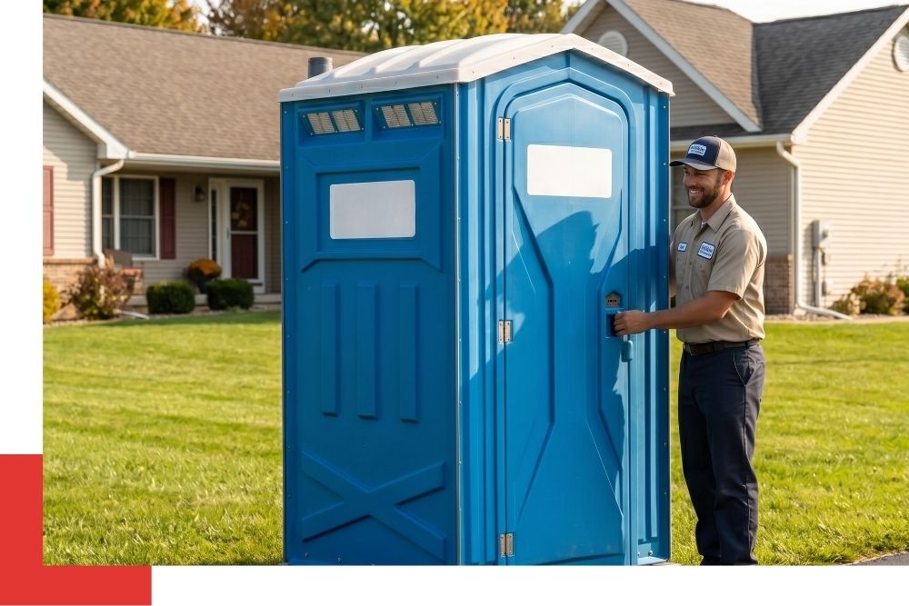 A close-up photograph of a friendly Millikin Portables service driver finalizing the delivery of a clean portable restroom unit at a local Johannesburg residential property.