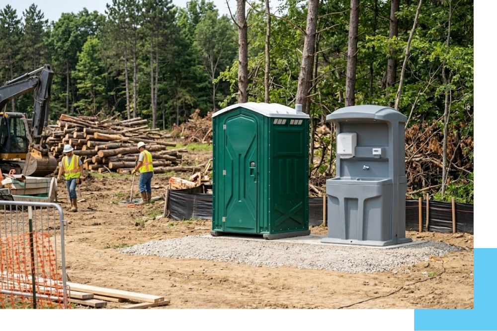 a heavy-duty forest green portable restroom and a separate gray handwashing station. The scene is located on a rugged construction site near Colfax, Michigan, with piles of felled timber and an excavator partially visible in the wooded mid-ground