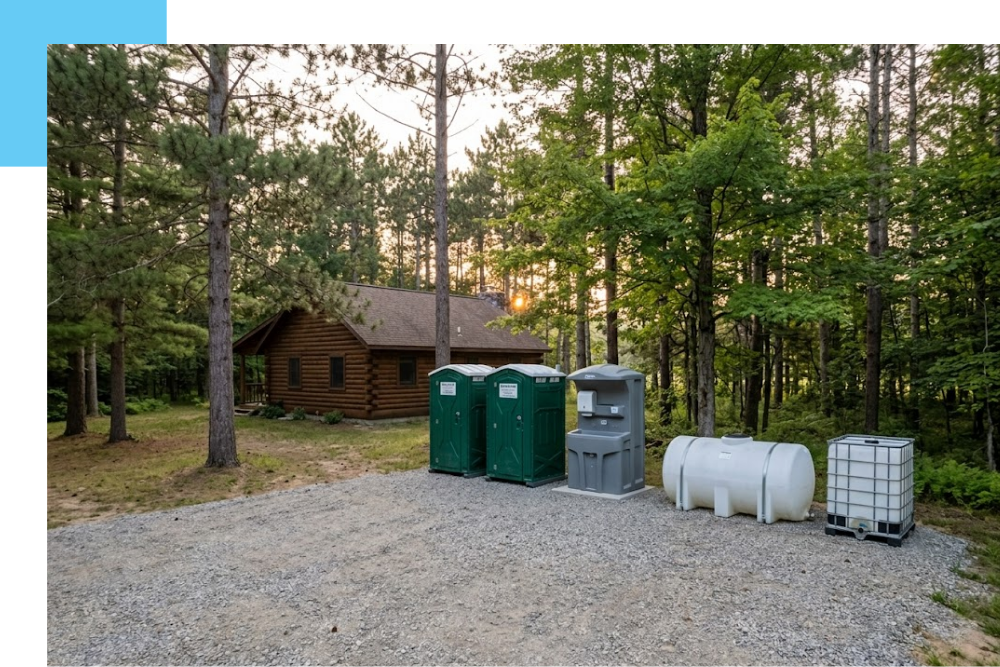 remote property service infrastructure neatly positioned on a leveled gravel turnout. The setup includes two pristine forest green portable restrooms, an adjacent gray multi-station handwashing sink, a large horizontal waste holding tank, and a freshwater tote. A rustic log cabin hunting camp is partially visible in the background, integrated into the mature tree line