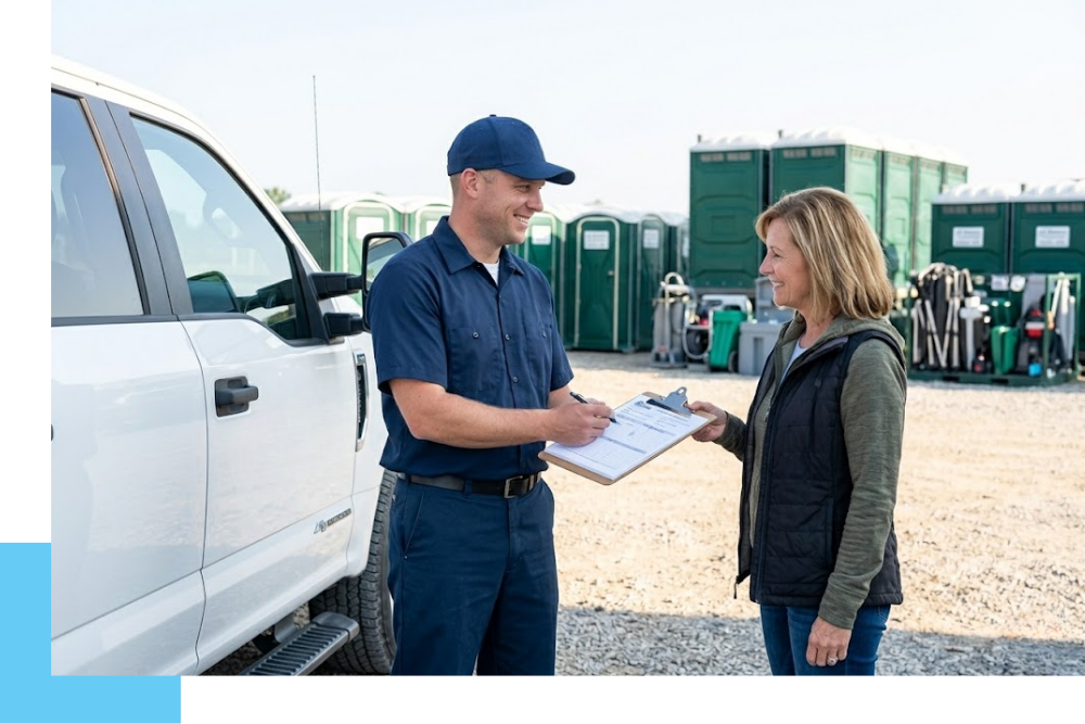 a technician is handing a clip board with service documentation to a satisfied female customer near the side of a clean white service truck. The background is an organized service yard in Northern Michigan, featuring stacks of sanitized forest green portable restroom units
