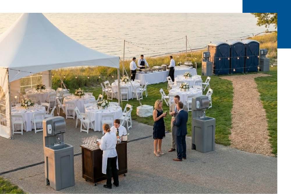 Pristine all-plastic navy blue portable restroom units and gray handwashing stations are placed discreetly at the edge of an active Lake Michigan wedding reception area