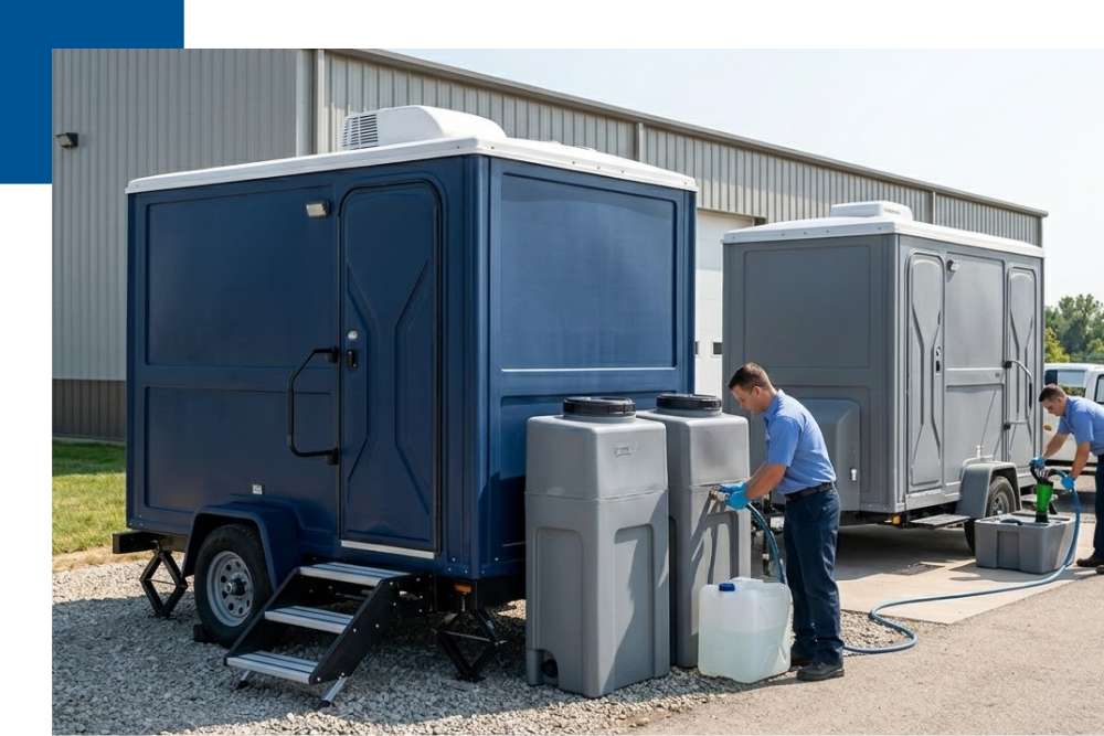 the clean, all-plastic exterior of a luxury restroom trailer and a mobile shower unit, with external plastic waste and water tanks being serviced by technicians in Frankfort, MI