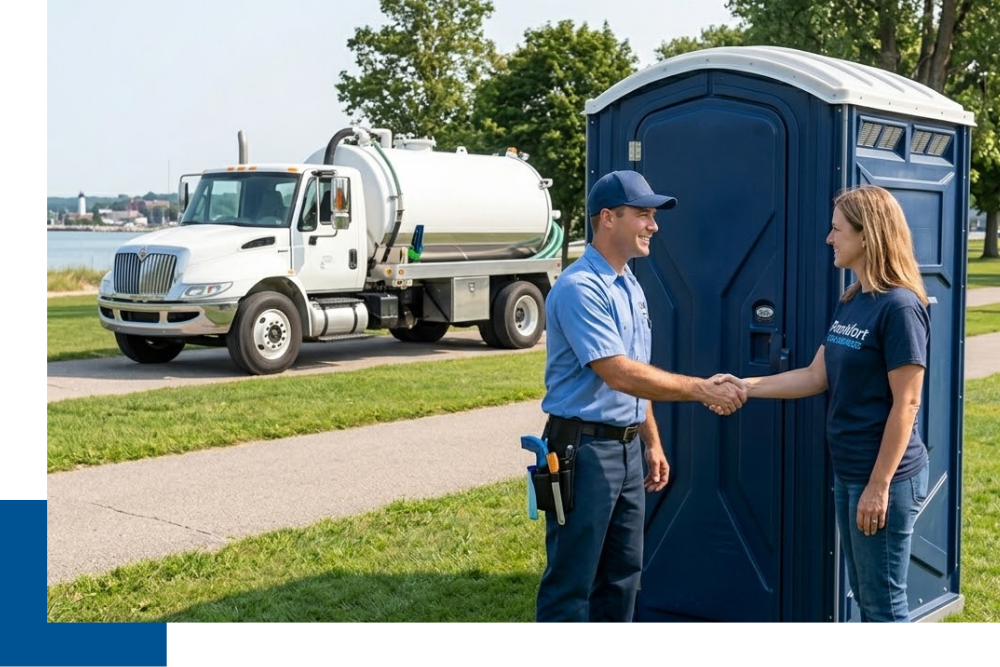 a technician shaking hands with a local event organizer next to a clean navy blue all-plastic portable restroom unit in Frankfort, MI, under bright daylight