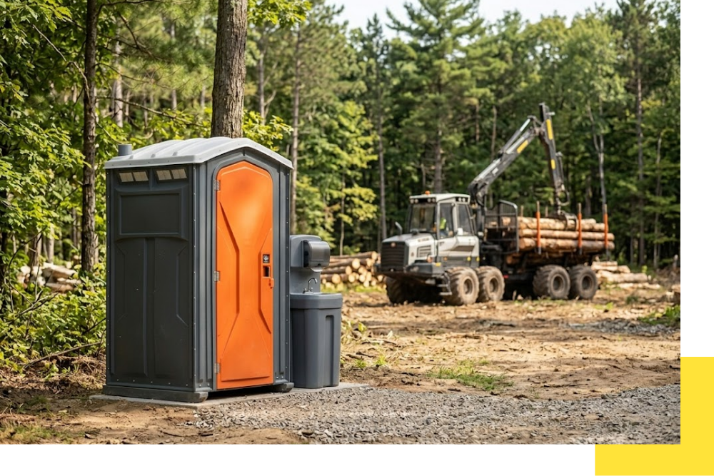 A rugged, well-maintained gray all-plastic portable restroom with an orange door is positioned on compacted gravel at a remote Wexford County logging and construction site, serving the crew during daytime