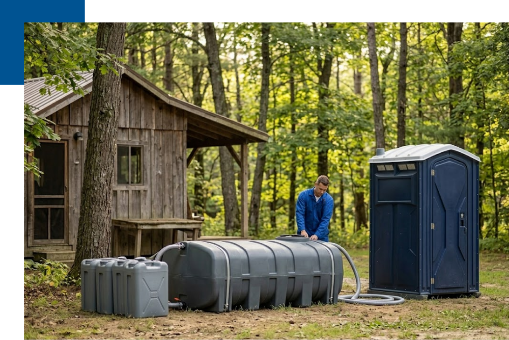 a large all-plastic temporary waste holding tank and water totes connected via hoses to a rustic remote cabin and a portable restroom unit near Harrietta, MI