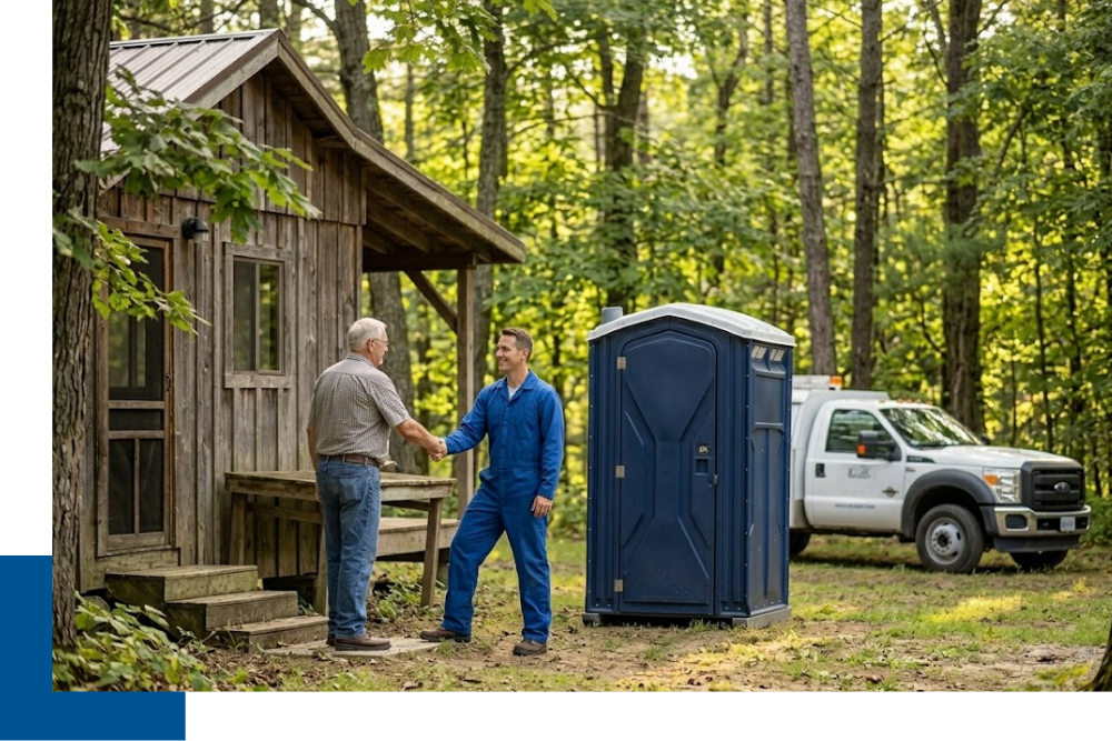 a technician shakes hands with a local Wexford County resident near a pristine all-plastic portable restroom and a rustic cabin