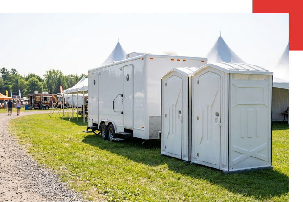 A pristine white luxury restroom trailer and two adjacent standalone plastic units integrated into a clean event infrastructure near Kalkaska
