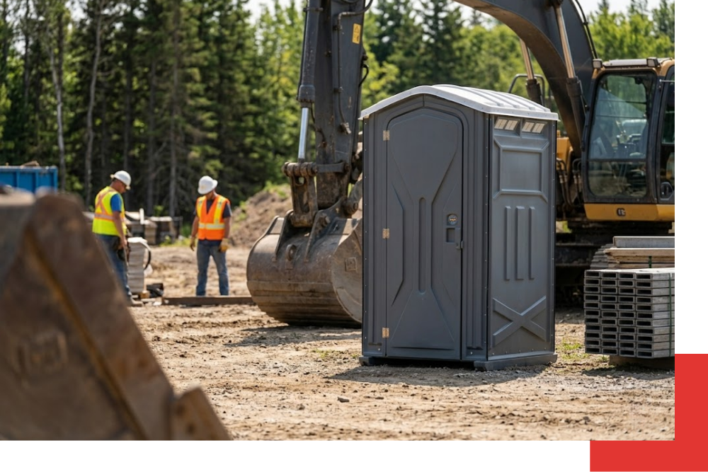 A spotless, durable gray plastic portable restroom integrated into a rugged industrial yard near Kalkaska, positioned near heavy machinery like an excavator