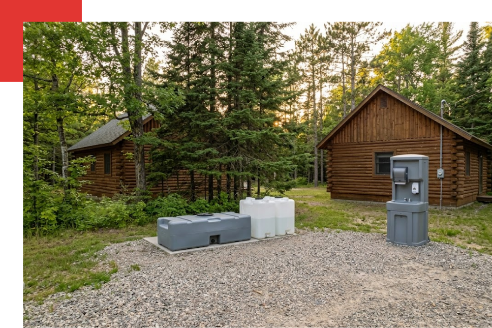 A horizontal low-profile gray holding waste tank and fresh water totes positioned neatly on a gravel pad near a remote log cabin camp in Northern Michigan