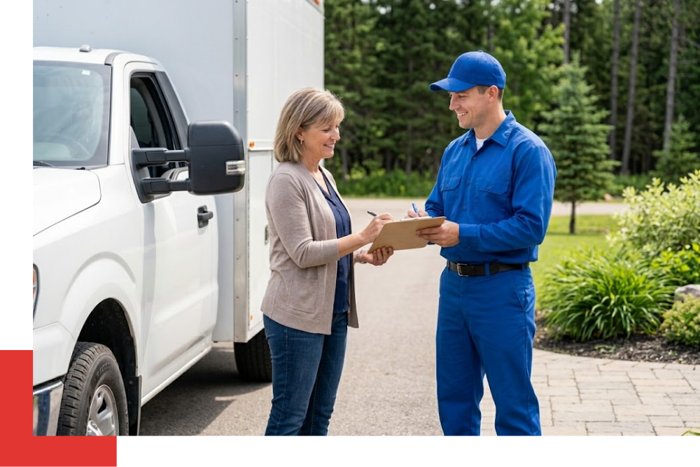 a service technician smiling while handing a service clipboard and pen to a satisfied customer near the side of a clean service truck in Kalkaska